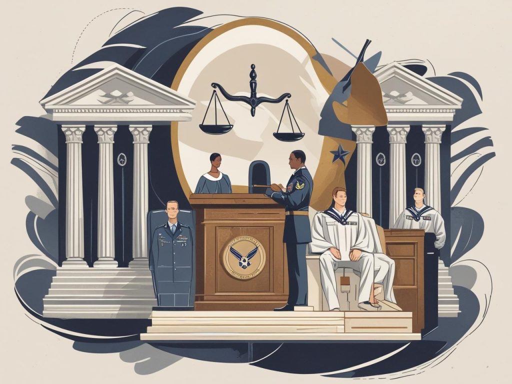 Illustration of an Air Force court martial scene with military personnel, judge, and courtroom symbols representing air force court martials.